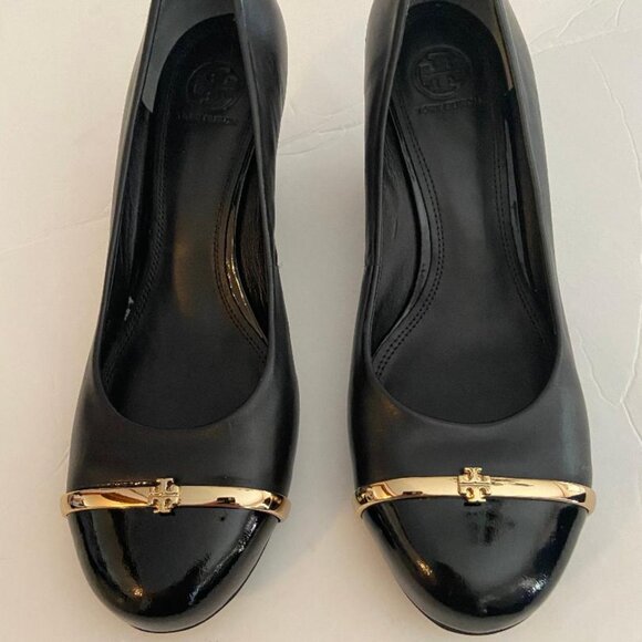 Tory Burch Black Wedges with Gold Detail - Picture 5 of 8
